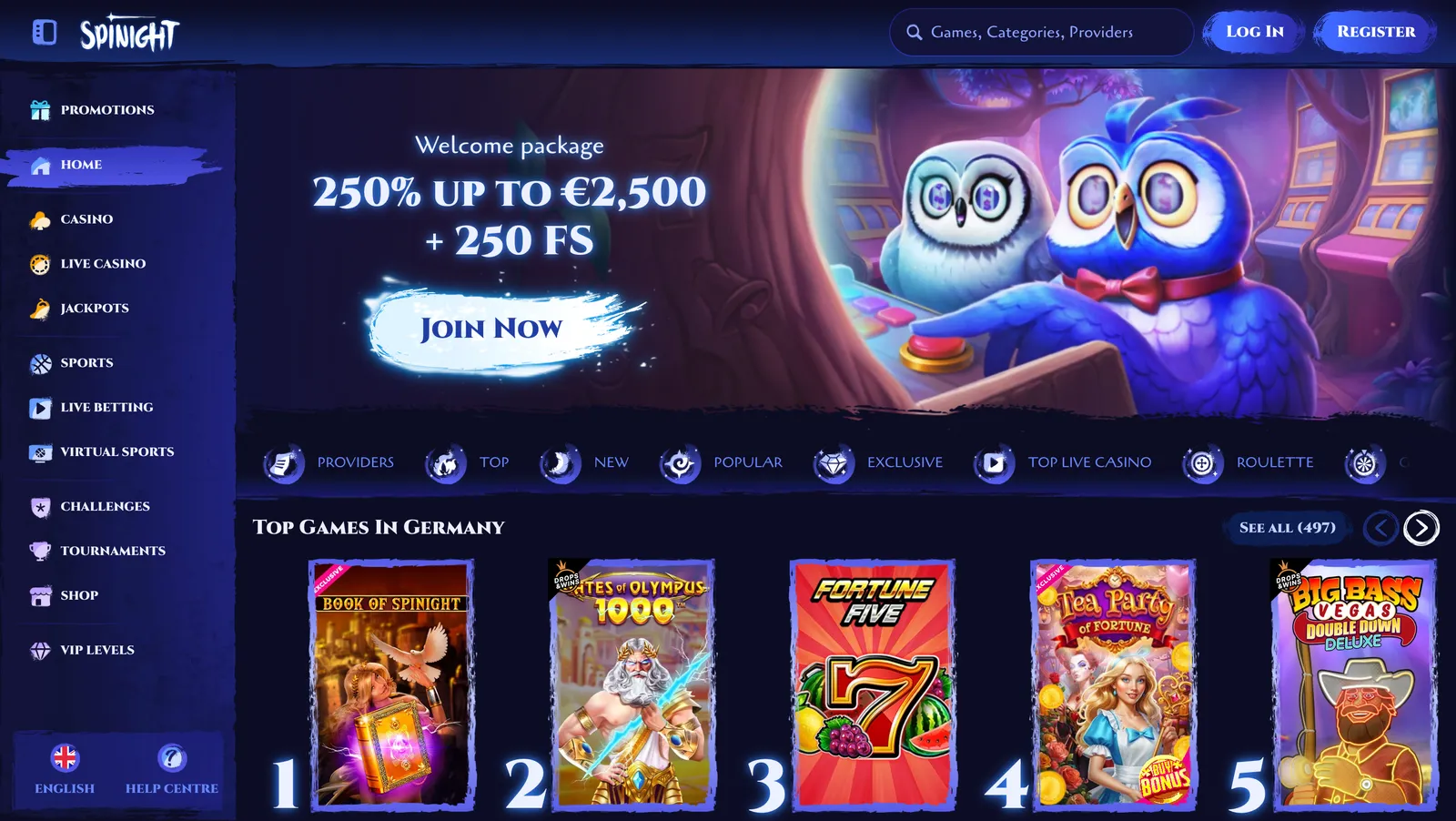 Domovská stránka Spinight casina s motivem sovy a herním lobby