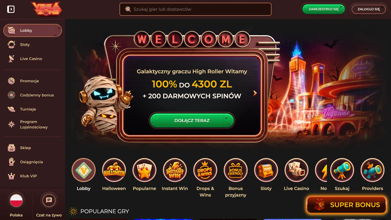 Hlavní lobby Vegazone s vesmírným motivem, herním menu a uvítací nabídkou